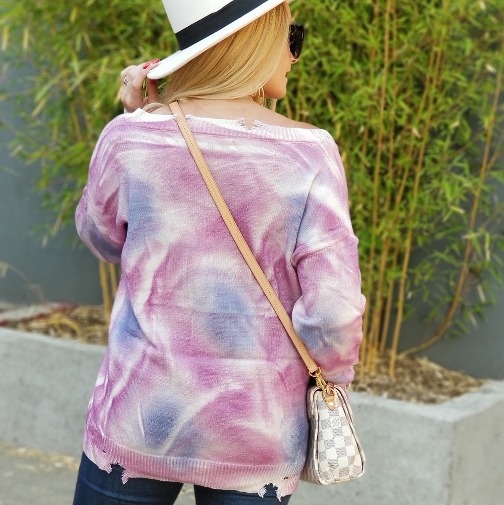 CASUAL DOLLZ  Tie Dye Sweater Top - Pink Purple - Picture 6 of 9